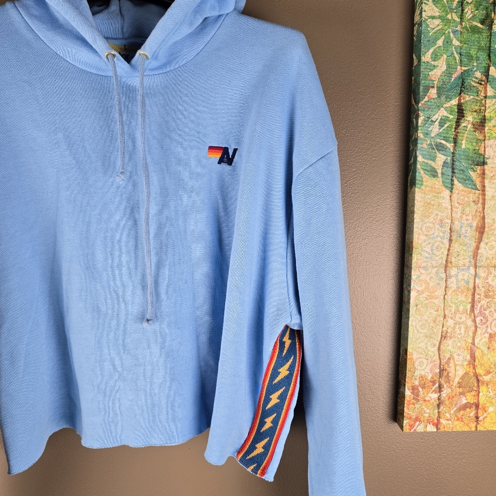 Aviator Nation Bolt Stripe Relaxed Cropped Hoodie Sweatshirt Sky Blue Large - Picture 6 of 14